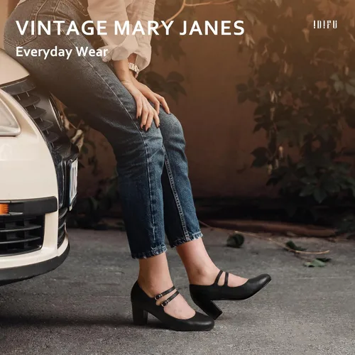 Vista 3 de IDIFU Zapatos de vestir para mujer, zapatos de tacón Mary Jane, tacón bajo, punta redonda, cerrada, boda, oficina, trabajo