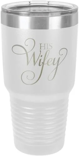 Vista 21 de Taza de viaje de acero con recubrimiento de polvo grabado con láser, con grabado «HIS WIFEY» de 325 ml, sin BPA, para mantener tu bebida fría