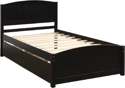 Vista 3 de Base de cama de almacenamiento individual, plataforma de madera con dos cajones y cabecero, plataforma de cama de fácil montaje (espresso)