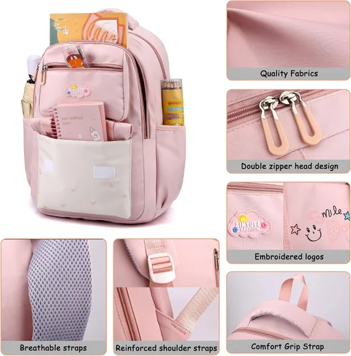 Vista 5 de Mochila para niñas y niños, bonita mochila escolar Kawaii ligera para escuela media y secundaria con bolsillo antirrobo, Negro -, Mochila escolar