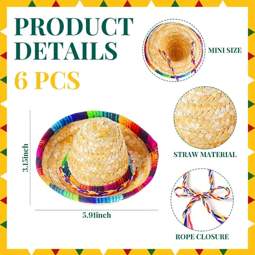 Vista 2 de 12 maracas de madera de colores y 6 sombreros de mini sombrero, recuerdos de fiesta mexicana y suministros para carnavales