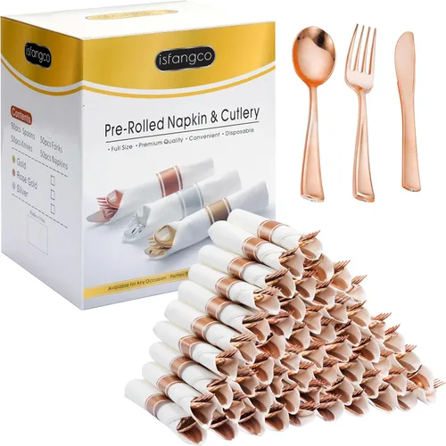 Vista 8 de Juego de 50 cubiertos de plástico dorado preenrollados con servilletas, juego de cubiertos desechables envueltos resistentes para bodas, fiestas