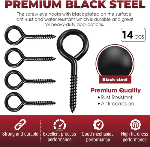 Vista 2 de 14 PIEZAS Ojos de Tornillo Negros - Pernos de Ojo Resistentes de 3.2 Pulgadas, Asegurador de Cable y Alambre - Soporte para Hamaca, Uso
