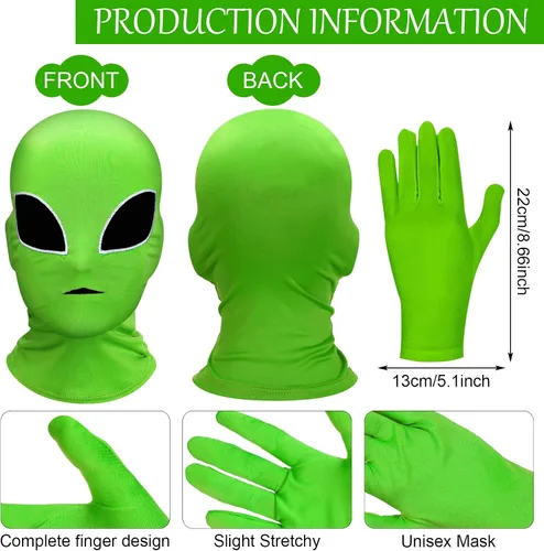 Vista 3 de Juego de guantes de disfraz de alienígena unisex de Halloween, máscara de cara completa, guantes clásicos largos de elastano, accesorios de disfraz