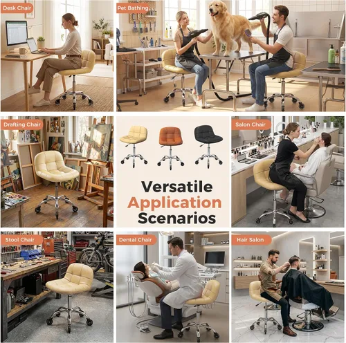 Vista 12 de Taburete enrollable con ruedas, taburete ajustable en altura con soporte para la espalda, silla de dibujo de oficina con cojín de piel sintética