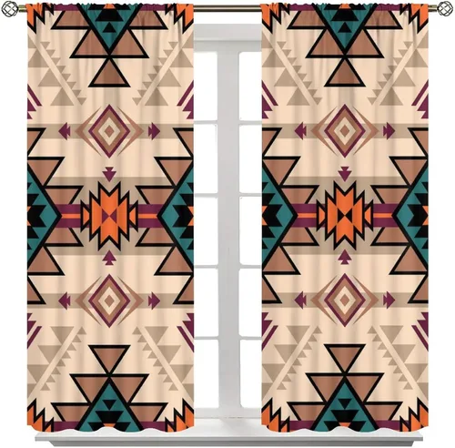 Vista 152 de Cortinas con patrón geométrico tribal, estilo suroeste, azteca, rústico, occidental, nativo americano, opacas, con bolsillo para barra, decoración
