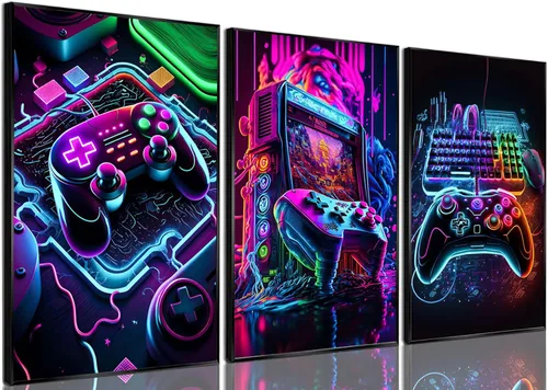 Vista 12 de BGFCE Arte de Lienzo de Pared para Gaming, Pinturas de Arte de Controlador de Juego con Salpicaduras de Tinta de Color, Pósteres para Estética