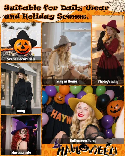 Vista 5 de Century Star Sombrero de bruja para mujer para Halloween, sombreros de lana de ala ancha, gorra de punto Spire para fiesta y uso diario