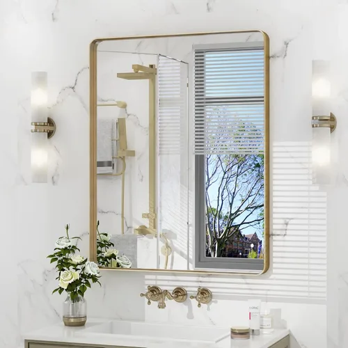 Vista 29 de Espejo rectangular para pared de baño de 20x30 pulgadas con marco negro mate, espejo de tocador con esquinas redondeadas, espejo de baño de metal
