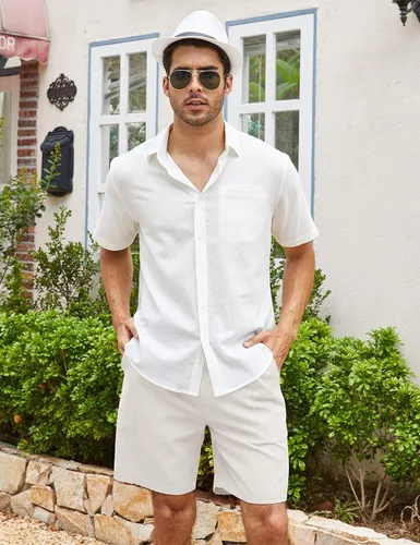 Vista 4 de COOFANDY Pantalones cortos de lino para hombre con cintura elástica y cordón para playa