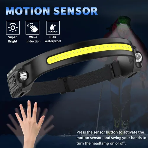 Vista 3 de Paquete de 5 linternas frontales recargables, linterna de cabeza de haz ancho de 230° con 2 focos, linterna frontal LED con sensor de movimiento