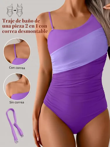 Vista 4 de Aidonger Traje de baño de una pieza con un hombro para mujer, traje de baño de bloque