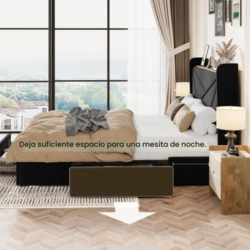 Vista 8 de SHA CERLIN Base de cama tamaño matrimonial con 3 cajones, puertos de carga USB y tipo C, cama plataforma tapizada en terciopelo con cabecera