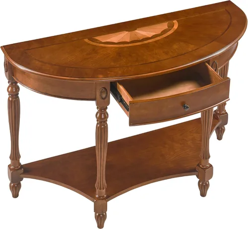Vista 4 de Mesa de entrada de madera maciza con cajón, mesa de sofá semicírculo con estante de almacenamiento, tallas laterales de media luna, elegante mesa