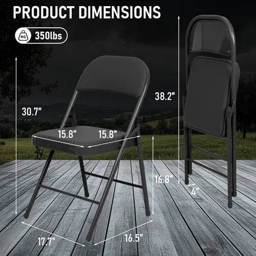 Vista 2 de Juego de 4 Sillas Plegables Tapizadas en Negro - Cómodas Sillas Apilables Portátiles para Interior y Exterior, Eventos, Fiestas, Oficina, Boda Negro