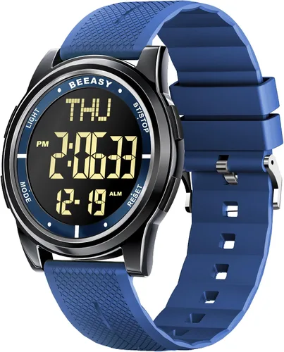 Vista 84 de Beeasy - Reloj digital de pulsera resistente al agua con cronómetro, alarma, cuenta regresiva, doble zona horaria, ultrafino, pantalla angular muy