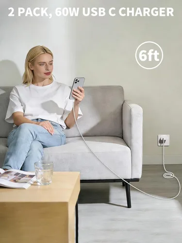 Vista 10 de Adaptador de corriente dinámico Apple de 40W-60W, cargador USB C rápido, paquete de 2 cargadores de iPhone, carga rápida de 6 pies, cables de carga