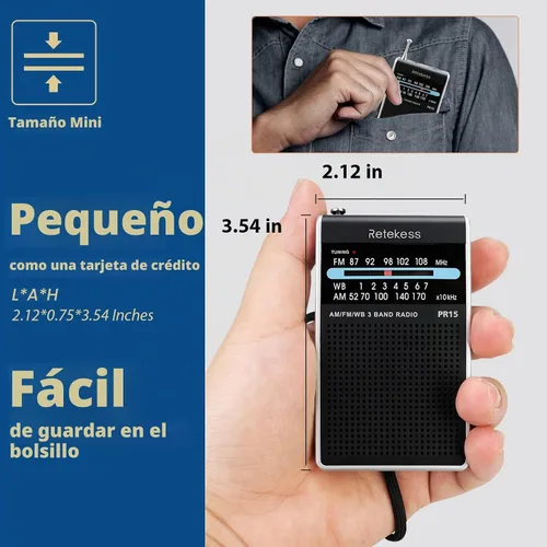 Vista 3 de Retekess Radio meteorológica NOAA de bolsillo PR15, radio de emergencia AM