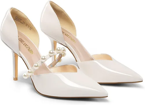 Vista 2 de DREAM PAIRS Zapatos de tacón alto con punta cerrada para mujer, con tiras de perla, elegante, D'Orsay, vestido de boda, fiesta, zapatos de tacón