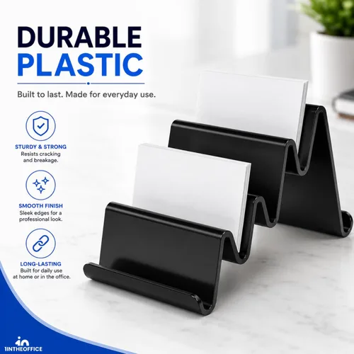 Vista 3 de 1InTheOffice Tarjetero de plástico para escritorio, 4 compartimentos, soporte para tarjetas de varios niveles, color negro