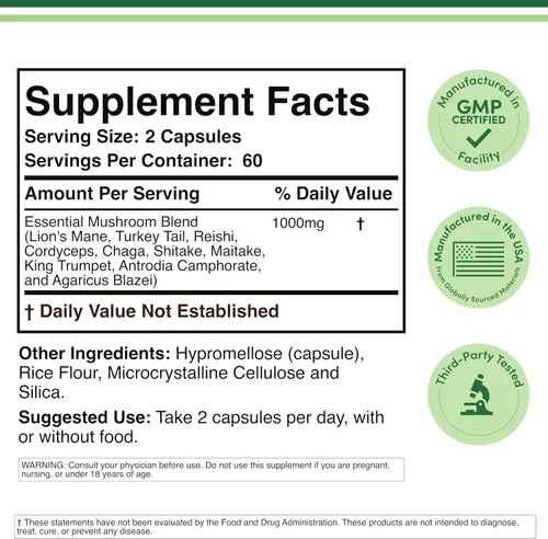Vista 2 de Suplemento de mezcla de hongos, 1000 mg de los 10 hongos más importantes cultivados en EE. UU. (melena de león, reishi, cordyceps y más)