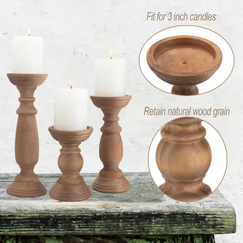 Vista 5 de Juego de 3 portavelas de pilar de madera rústica de 12, 9 y 6 pulgadas, soporte de velas de madera estilo granja para centros de mesa, candelabros