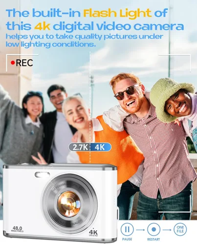 Vista 4 de Cámara digital 4K, enfoque automático de 48 megapíxeles, cámara de vlogging para fotografía, compacta para apuntar y disparar digital con zoom