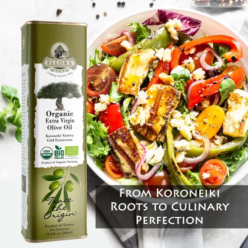 Vista 4 de Ellora Farms Aceite de oliva virgen extra orgánico USDA Primero prensado en frío sin filtrar rico en fenol Kosher lata de 17 onzas
