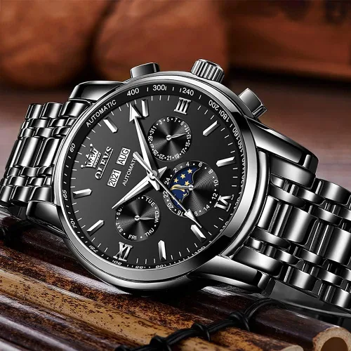 Vista 5 de OLEVS Automatic Mechanical Watches for Men Self Winding no Battery Stainless Steel Strap Luxury Moon Phase Luminous Waterproof Wrist Watch