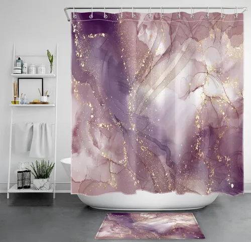 Vista 10 de LB Grey Marble Shower Curtain Decor, Modern Luxury Abstract Pink and Black Marble Textured Shower Curtain for Bathroom 60X72 inch Polyester Fabric