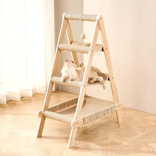 Vista 7 de SHENGOCASE - Torre de árbol para gatos de 3 niveles en forma de A, moderna, estructura de madera con escalera, cama con hamaca de varios niveles
