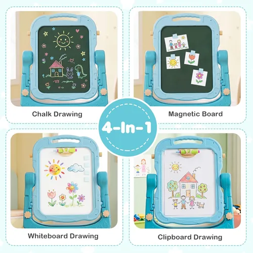 Vista 4 de Costzon 4-in-1 Height Adjustable Art Easel for Kids Magnetic Chalkboard & Whiteboard w/ Storage Tray and Detachable Design, No-Tool Assembly, Gift