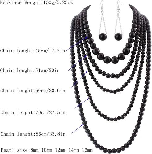 Vista 4 de Conjunto de collar y aretes de perlas sintéticas multicapa a la moda para mujer