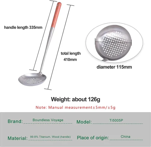 Vista 3 de iBasingo & Boundless Voyage Titanium Skimmer Cucharón Herramienta de cocina ligera con mango de madera Colador de alimentos Colador Herramientas
