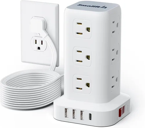 Vista 12 de SMALLRT - Cable de extensión con múltiples tomas, torre de regleta de alimentación con protector de sobretensiones, extensor de salida con 12