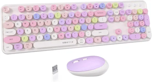 Vista 8 de UBOTIE Teclado inalámbrico colorido para computadora y mouse óptico, teclas flexibles, teclado de tamaño completo de oficina, conexión sin