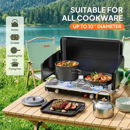 Vista 5 de ROVSUN Estufa de camping portátil de 2 quemadores con encendedor, estufa de campamento de propano de 20000 BTU con adaptador, mango integrado