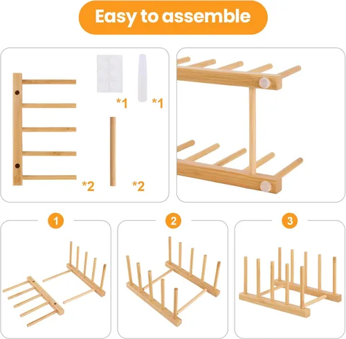 Vista 4 de Paquete de 1 estante de madera de bambú para platos, tapa de olla, tabla de cortar, organizador para gabinete, organizador de gabinete de cocina