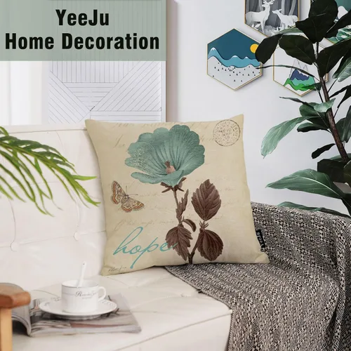 Vista 6 de YeeJu - Funda de cojín cuadrada de lino y algodón con diseño geométrica. Funda de almohada, para exterior, hogar, sofá., A-floral 09, 18*18 pulgadas