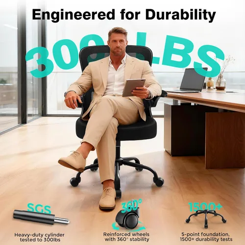 Vista 8 de AreShark Silla de Oficina - Silla de Escritorio Ergonómica de Malla Respirable con Soporte Lumbar Ajustable y Reposabrazos Abatibles - Silla