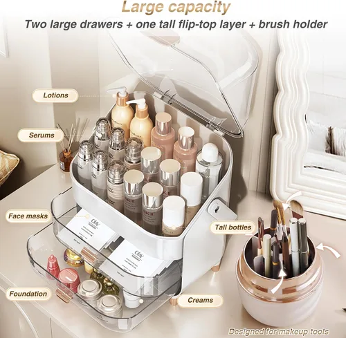 Vista 4 de Juego organizador de cosméticos - Caja de maquillaje con soporte para brochas, organizador de almacenamiento para el cuidado de la piel con cajones