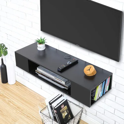 Vista 5 de FITUEYES Soporte de TV flotante negro, centro de entretenimiento montado en la pared, almacenamiento de madera, estante de consola multimedia debajo