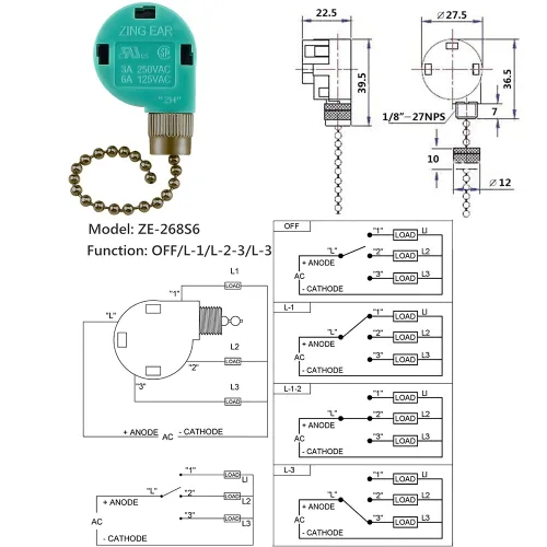 Vista 5 de Paquete de 2 interruptores de cadena para ventilador de techo, cable universal con cremallera de 3 velocidades de control de 4 cables ZE 268S6