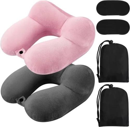 Vista 16 de Sintuff Paquete de 2 Almohadas de Viaje Inflables para Aviones Almohadas de Vuelo Inflables para el Cuello con Bolsa Compacta y Antifaz para Viajar