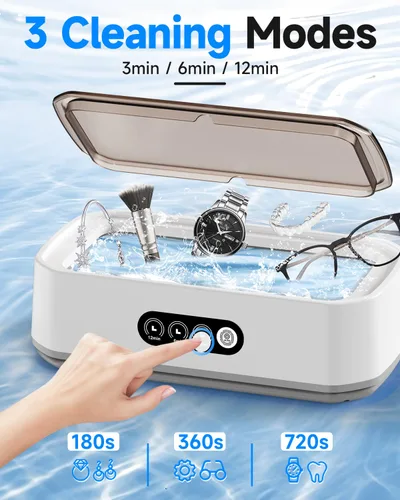 Vista 4 de Limpiador ultrasónico de joyas, limpiador ultrasónico de 50 KHz con 3 modos y temporizador digital, máquina de limpieza profunda ultrasónica