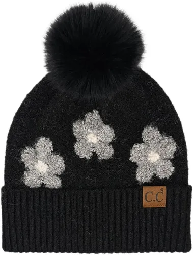 Vista 11 de C.C Southwest - Gorro de punto con pompón para mujer, unisex, elástico, suave, cálido, con piel sintética, gorro de invierno Azteca-negro