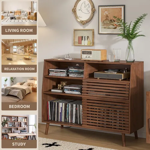 Vista 5 de Jluomei Soporte grande para tocadiscos, soporte para tocadiscos de mediados de siglo con puertas y estación de carga, mesa para tocadiscos