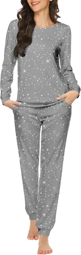 Vista 17 de Ekouaer - Conjunto de pijama de manga larga para mujer, ropa de dormir suave con cuello redondo y bolsillos, conjuntos de ropa de descanso Negro
