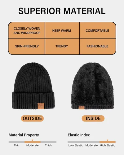 Vista 2 de Nertpow Mens Beanie Hats 3 Pack, Winter Hats for Men Women Warm Thermal Fleece Lined, Thick Knit Fashion Skull Cap for Guys
