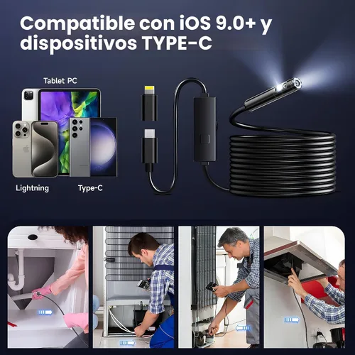 Vista 5 de [Lente dual] Cámara endoscopio con luz, boroscopio HD 1920P con 8+1 luces LED ajustables, IP67 impermeable 16.5 pies cámara de inspección de cable